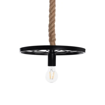 GloboStar® VELO 01185 Vintage Industrial Κρεμαστό Φωτιστικό Οροφής Μονόφωτο 1 x E27 Μαύρο Μεταλλικό Πλέγμα με Μπεζ Σχοινί Φ30 x Y16cm