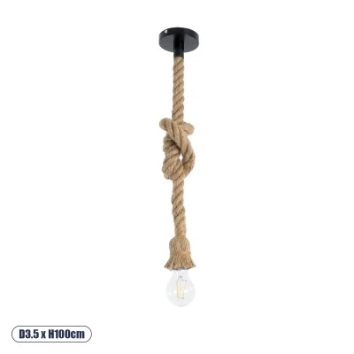 GloboStar® ROPE 01278 Vintage Κρεμαστό Φωτιστικό Ανάρτηση Μονόφωτο 1 x E27 IP20 Μπεζ Σχοινί - Μ3.5 x Π3.5 x Y100cm