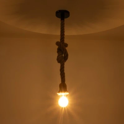 GloboStar® ROPE 01278 Vintage Κρεμαστό Φωτιστικό Ανάρτηση Μονόφωτο 1 x E27 IP20 Μπεζ Σχοινί - Μ3.5 x Π3.5 x Y100cm