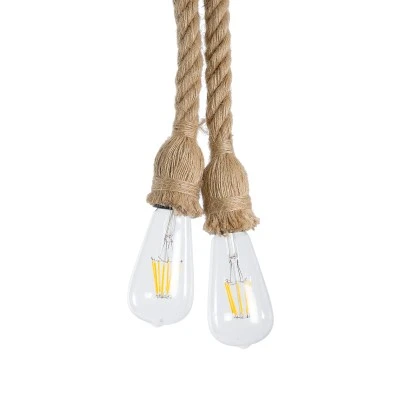 GloboStar® ROPE 01279 Vintage Κρεμαστό Φωτιστικό Ράγα Δίφωτο 2 x E27 IP20 Μπεζ Σχοινί - Μ30 x Π3.5 x Υ100cm