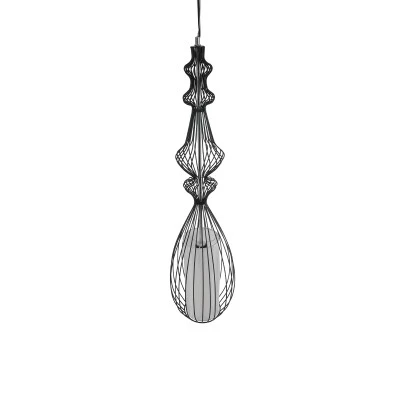 GloboStar® LILY 01561 Vintage Industrial Κρεμαστό Φωτιστικό Οροφής Μονόφωτο Μαύρο Μεταλλικό Πλέγμα και Υφασμάτινο Εσωτερικό Καπέλο Φ20 x Υ90cm