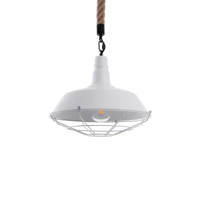 GloboStar® CRANE 01409 Vintage Industrial Κρεμαστό Φωτιστικό Οροφής Μονόφωτο 1 x E27 Λευκό Ματ Μεταλλικό Καμπάνα Πλέγμα με Μπεζ Σχοινί Φ36 x Υ31cm