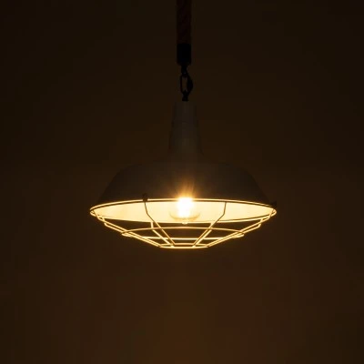 GloboStar® CRANE 01409 Vintage Industrial Κρεμαστό Φωτιστικό Οροφής Μονόφωτο 1 x E27 Λευκό Ματ Μεταλλικό Καμπάνα Πλέγμα με Μπεζ Σχοινί Φ36 x Υ31cm
