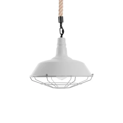 GloboStar® CRANE 01409 Vintage Industrial Κρεμαστό Φωτιστικό Οροφής Μονόφωτο 1 x E27 Λευκό Ματ Μεταλλικό Καμπάνα Πλέγμα με Μπεζ Σχοινί Φ36 x Υ31cm