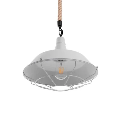 GloboStar® CRANE 01409 Vintage Industrial Κρεμαστό Φωτιστικό Οροφής Μονόφωτο 1 x E27 Λευκό Ματ Μεταλλικό Καμπάνα Πλέγμα με Μπεζ Σχοινί Φ36 x Υ31cm