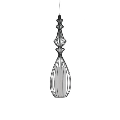 GloboStar® LILY 01561 Vintage Industrial Κρεμαστό Φωτιστικό Οροφής Μονόφωτο Μαύρο Μεταλλικό Πλέγμα και Υφασμάτινο Εσωτερικό Καπέλο Φ20 x Υ90cm