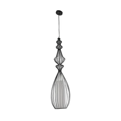 GloboStar® LILY 01561 Vintage Industrial Κρεμαστό Φωτιστικό Οροφής Μονόφωτο Μαύρο Μεταλλικό Πλέγμα και Υφασμάτινο Εσωτερικό Καπέλο Φ20 x Υ90cm