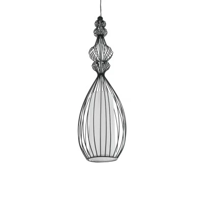 GloboStar® LILY 01561 Vintage Industrial Κρεμαστό Φωτιστικό Οροφής Μονόφωτο Μαύρο Μεταλλικό Πλέγμα και Υφασμάτινο Εσωτερικό Καπέλο Φ20 x Υ90cm