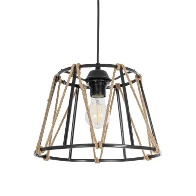 GloboStar® JUTE 203-0090 Μοντέρνο Κρεμαστό Φωτιστικό Σχοινί Μονόφωτο 1 x E27 IP20 Μαύρο Πλαστικό με Μπεζ Σχοινί - Μ30 x Π30 x Υ23cm