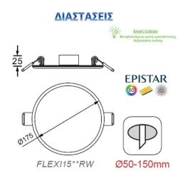 Led panel λευκό στρογγυλό χωνευτό 15W 4000k ενδιάμεσο με ρυθμιζόμενη διάμετρο εγκατάστασης Ø50-150m
