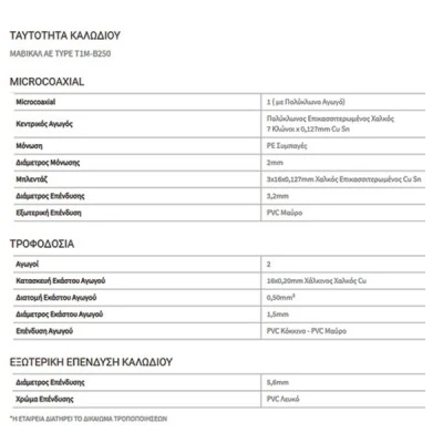 Καλώδιου κλειστού κυκλώματος CCTV 1MICROCOAXIAL διατομή 2x0,50mm T1M-B250 ΜΑΒΙΚΑΛ Καλώδιου κλειστού κυκλώματος CCTV 1MICROCOAXIAL διατομή 2x0,50mm T1M-B250 ΜΑΒΙΚΑΛ
