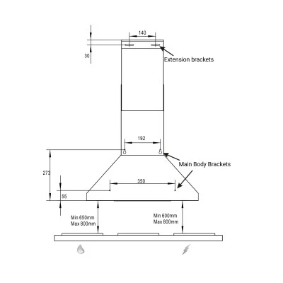 Απορροφητήρας καμίνι WA0290 inox 90cm με απορροφητικότητα 700m³/h Μ90 × Υ62,3-100,3 × Π45 cm
