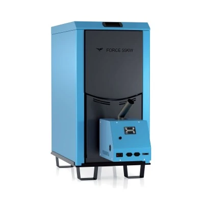 Λέβητας pellet FORCE 55 χαλύβδινος 55,24kW απόδοση 88,74% κάλυψη 1040m³ με καμινάδα ΄20cm