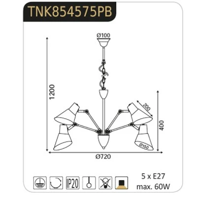 Φωτιστικό κρεμαστό πεντάφωτο Ø720mm μαύρο με καπέλα ρυθμιζόμενα & ντουί Ε27