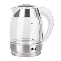 Ηλεκτρικός βραστήρας TEESA με χωρητικότητα 1.8L γυάλινος σε λευκό χρώμα με μπλε οπίσθιο φωτισμό κατά τη λειτουργία