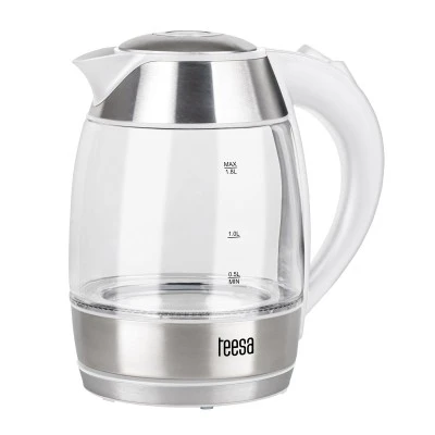 Ηλεκτρικός βραστήρας TEESA με χωρητικότητα 1.8L γυάλινος σε λευκό χρώμα με μπλε οπίσθιο φωτισμό κατά τη λειτουργία