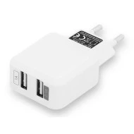 Φορτιστής τοίχου με θύρες 2xUSB 1A & ένταση 2.1A με προστασία από υπέρταση σε λευκό χρώμα