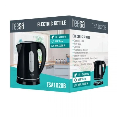 Ηλεκτρικός Βραστήρας 2200W TEESA με χωρητικότητα 1.8L σε μαύρο χρώμα με περιστρεφόμενη βάση & αφαιρούμενα φίλτρα Ηλεκτρικός Βραστήρας 2200W TEESA με χωρητικότητα 1.8L σε μαύρο χρώμα με περιστρεφόμενη βάση & αφαιρούμενα φίλτρα