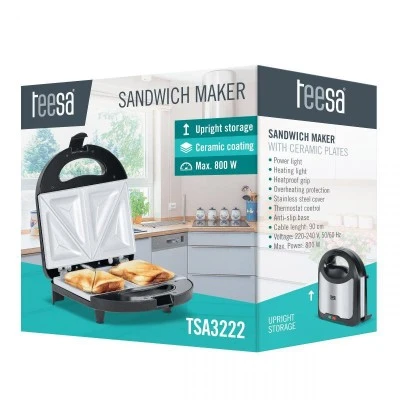 Τοστιέρα με κεραμικές πλάκες για 2 τοστ 800W Inox Teesa με αντιθερμική λαβή & προστασία από υπερθέρμανση Τοστιέρα με κεραμικές πλάκες για 2 τοστ 800W Inox Teesa με αντιθερμική λαβή & προστασία από υπερθέρμανση