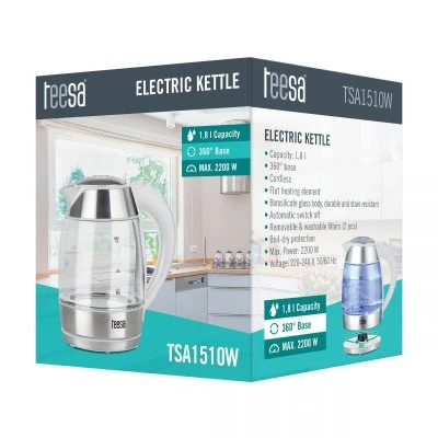 Ηλεκτρικός βραστήρας TEESA με χωρητικότητα 1.8L γυάλινος σε λευκό χρώμα με μπλε οπίσθιο φωτισμό κατά τη λειτουργία