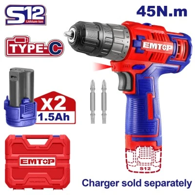 Δραπανοκατσάβιδο μπαταρίας λιθίου 12V/1.5ah/45nm Emtop εύρος ταχύτητας 0-400/0-1500 & ροπ΄ή 45Nμ