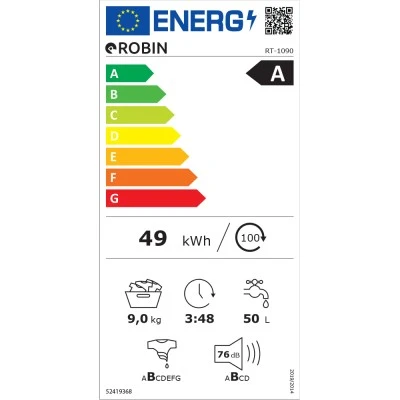 Πλυντήριο ρούχων Robin RT-1090 λευκό χωρητικότητας 9Kg Π59,7xΒ55,7xΥ84,5cm