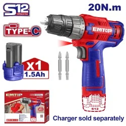 Δραπανοκατσάβιδο μπαταρίας Emtop 12V/1.5ah/20nm ecdl12510 με μέγιστη ροπή 2 Nm