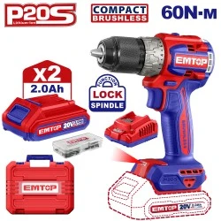 Δραπανοκατσάβιδο Emtop brushless μπαταρίας λιθίου 20V/2x2ah με ταχυφορτιστή & μηχανικό κιβώτιο 2 ταχυτήτων