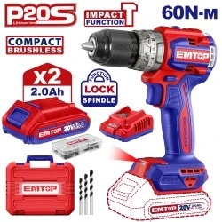 Κρουστικό δραπανοκατσάβιδο Εmtop brushless με 2 μπαταρίες λιθιου 20v/2x2ah & ταχυφορτιστή ecidl20602