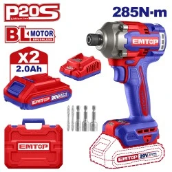 Παλμικό κατσαβίδι Emtop με κινητήρα brushless & λειτουργία μπαταρίας 20V/2x2ah ecirl2028e με μέγιστη ροπή 285Nμ