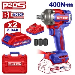 Μπουλονόκλειδο Εmtop brushless με λειτουργία μπαταρίας 20v/2x4ah τετράγωνη υποδοχή με δαχτυλίδι