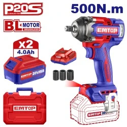 Μπουλονόκλειδο Εmtop brushless κινητήρας μπαταρίας με μέγιστη ροπή 500-650nm 20v/2x4ah eciwl2050