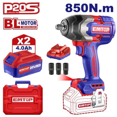 Μπουλουνόκλειδο μπαταρίας Emtop brushless με τάση 20v/2x4ah & λυχνία LED για κατασκευές βαρέως τύπου