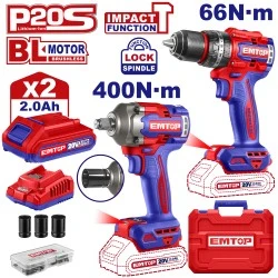 Σετ brushless δραπανοκατσάβιδο κρουστικό και μπουλονόκλειδο μπαταρίας 20V 2x2Ah eckl20275 Emtop