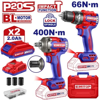 Σετ brushless δραπανοκατσάβιδο κρουστικό και μπουλονόκλειδο μπαταρίας 20V 2x2Ah eckl20275 Emtop
