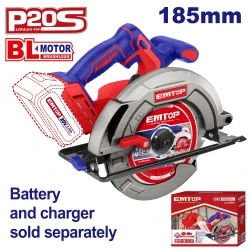 Δισκοπρίονο Εmtop brushless με διάμετρο δίσκου 185mm μπαταρίας με τάση 20V & ταχύτητα 4800rpm