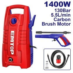 Πλυστικό υψηλής πίεσης Emtop ισχύς 1400W με αξεσουάρ πίεση 130Βar με λάστιχο υψηλής πίεσης 5m
