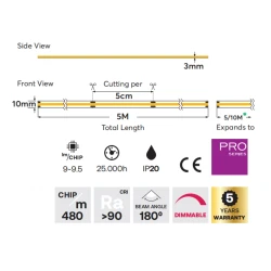Ταινία led cob 5m αυτοκόλλητη 10mm 12W 24V σε θερμό φως 3000Κ 216l/m IP20 PRO Υ:3mm