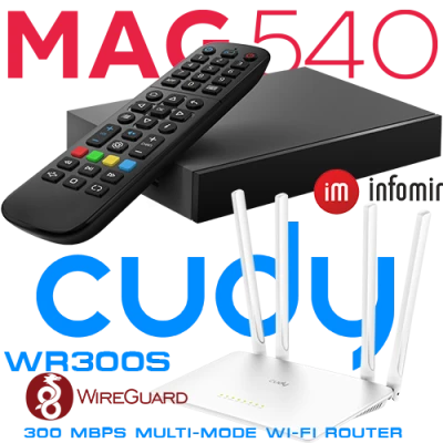 Set-top box linux MAG540 4K + router Wi-Fi 4 CUDY WR300S 2.4GHz 300Mbps