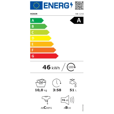 Πλυντήριο ρούχων Robin RB-1210 λευκό χωρητικότητας 10Kg Π60xΒ60xΥ84,5cm