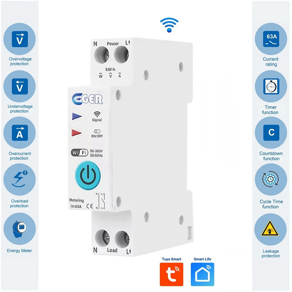 Smart WiFi ρελέ ράγας 63A EGER DTR001W+ με επιτήρηση τάσης, έντασης, υπερφόρτωσης & διαρροής με ενσωματωμένο μετρητή ενέργειας Tuya/Smart Life