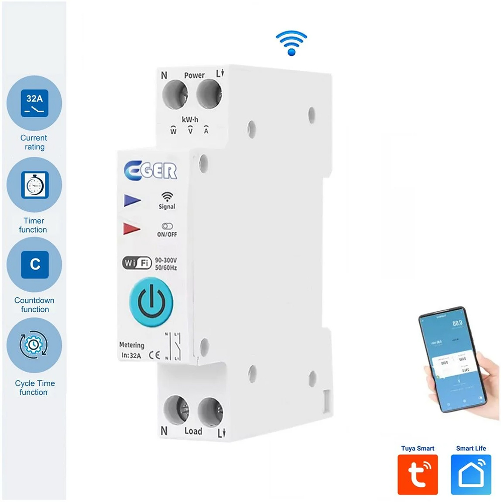 Smart WiFi ρελέ ράγας 63A EGER DTR001W με τοπικό χειρισμό, χρονοδιακόπτη & χρονικό συμβατό με Tuya / Smart Life