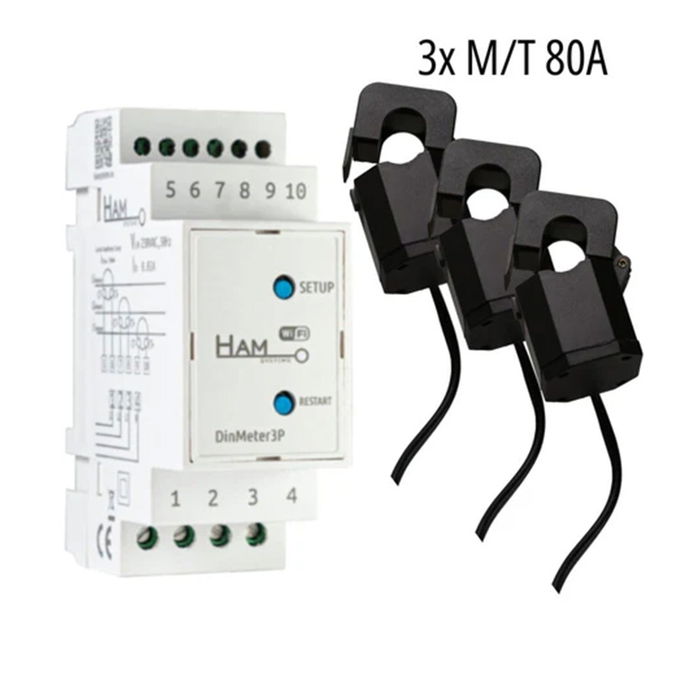 WiFi τριφασικός μετρητής & αναλυτής ενέργειας HAM DinMeter3P με 3x μετασχηματιστές 80A/80mA