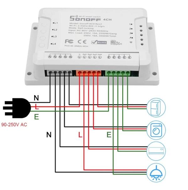 Διακόπτης WiFi SONOFF 4 κανάλια 10A για απομακρυσμένη διαχείριση μέσω εφαρμογής