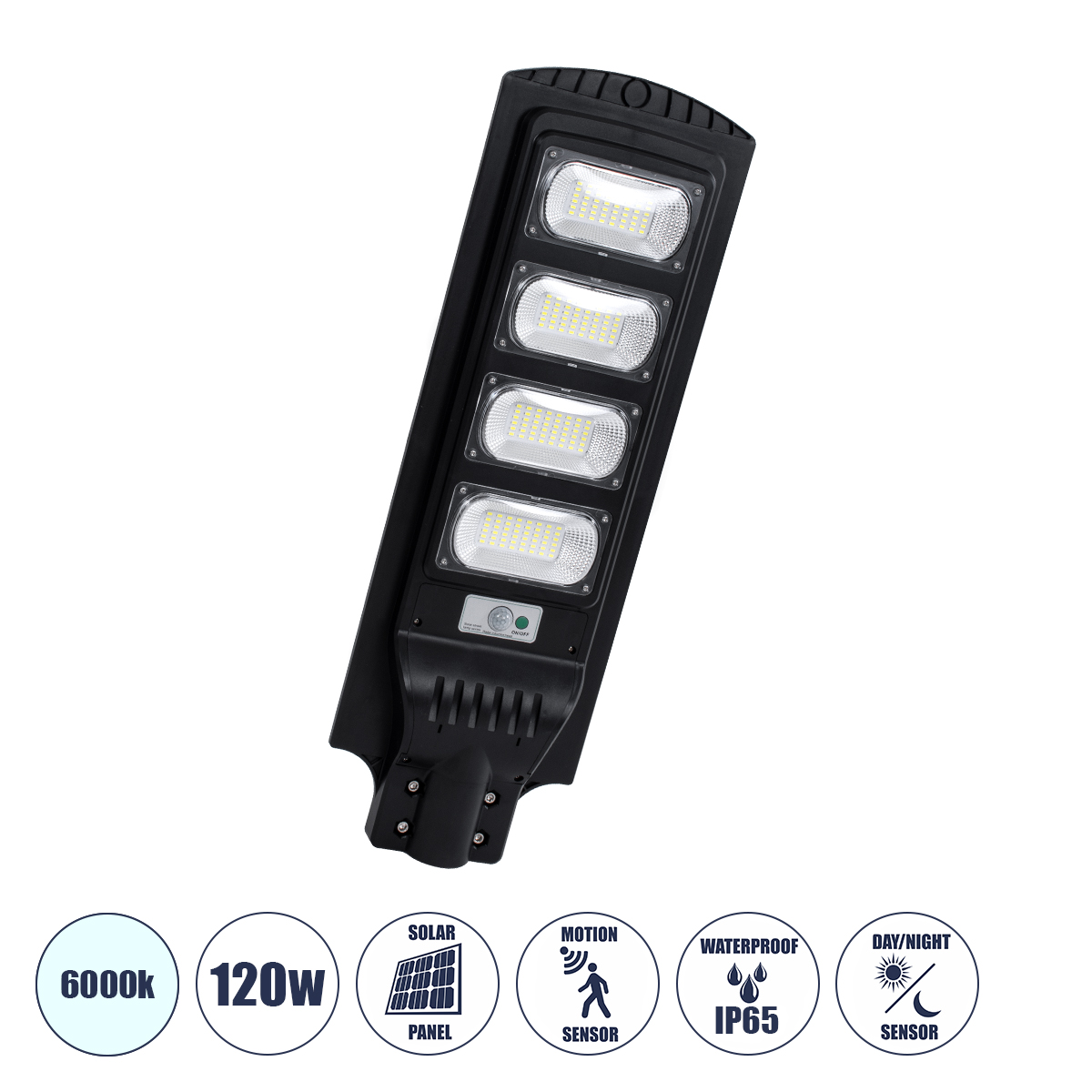 Αυτόνομο ηλιακό φωτιστικό δρόμου 120W ψυχρό λευκό 6000K 1200lm 192xLED SMD 5730 με ενσωματωμένο φωτοβολταϊκό panel 6V 15W & επαναφορτιζόμενη μπαταρία Li-ion 3.2V 15000mAh με αισθητήρα ημέρας-νύχτας-κίνησης IP65 Μ24xΠ6xΥ73cm